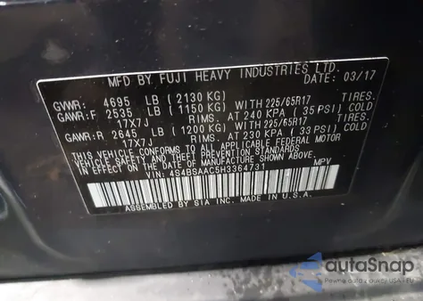 2017 Subaru Outback 2.5I z USA, uszkodzony, nr VIN 4S4BSAAC5H3364731